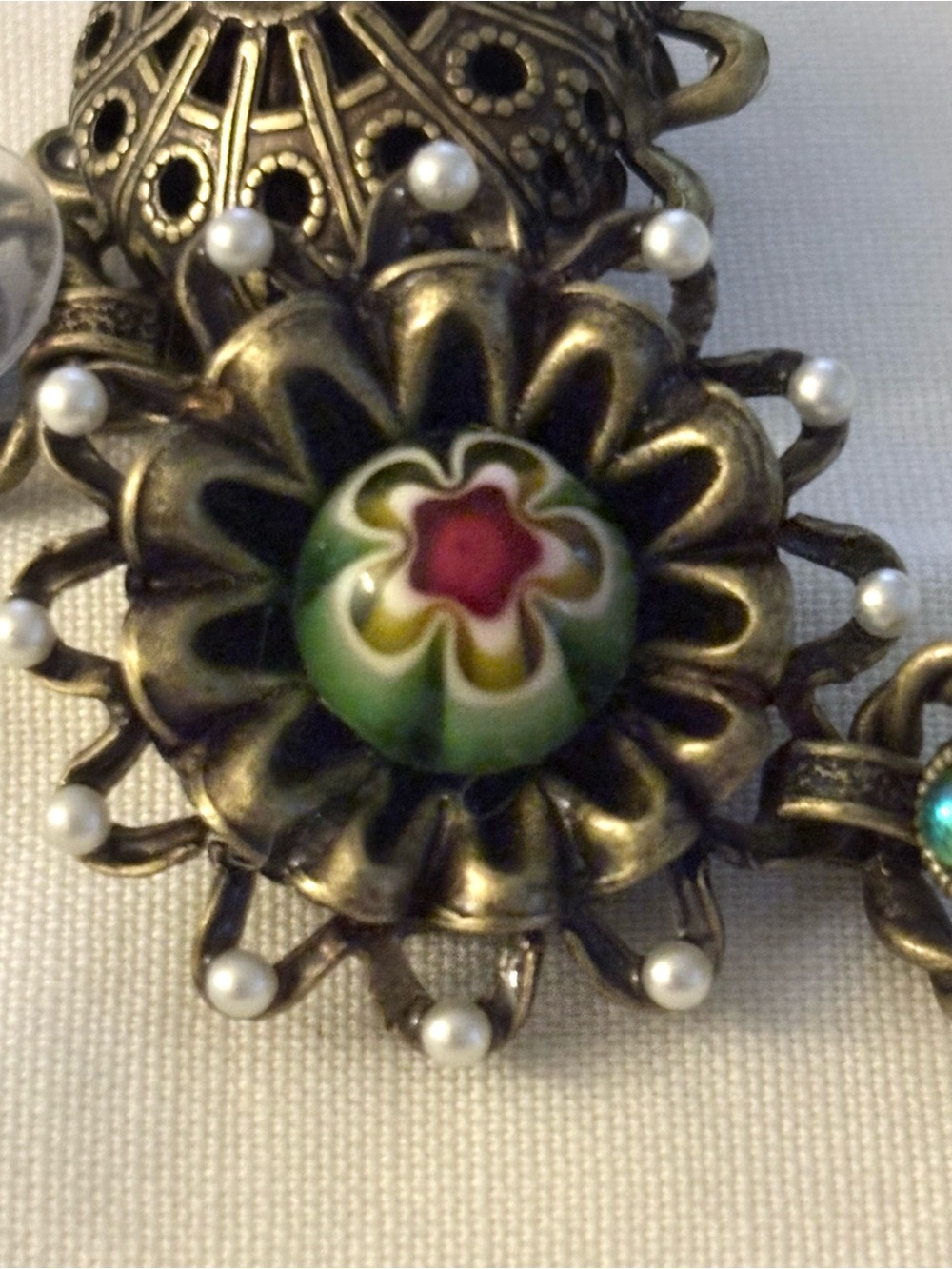 Vintage Floral Enamel Drop Earrings in Green and Red Murano Millefiori Flower - Picture 5 of 6